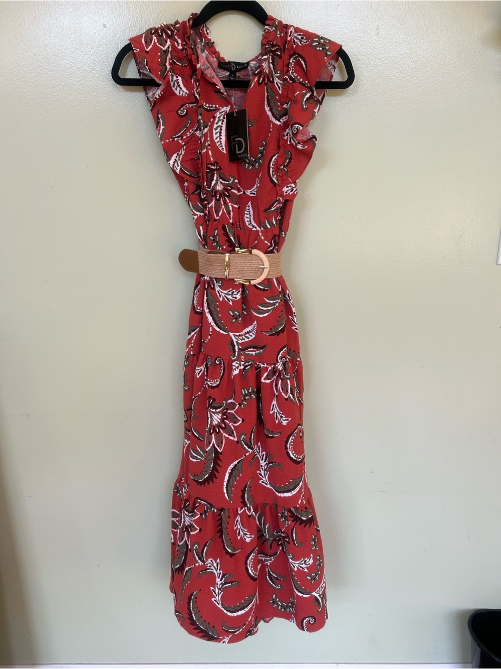 Fred David Red Floral Ruffled Maxi Dress with Neutral Belt